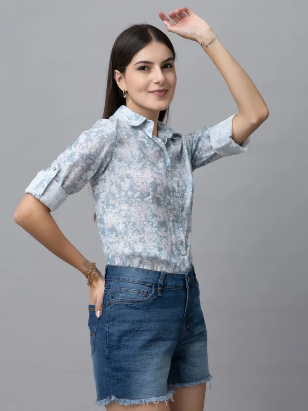Blue_&_White_Linen_Blend_Floral_Print_Full_Sleeve_Spread_Collar_Hip_Length_Shirt_For_Women_&_Girls