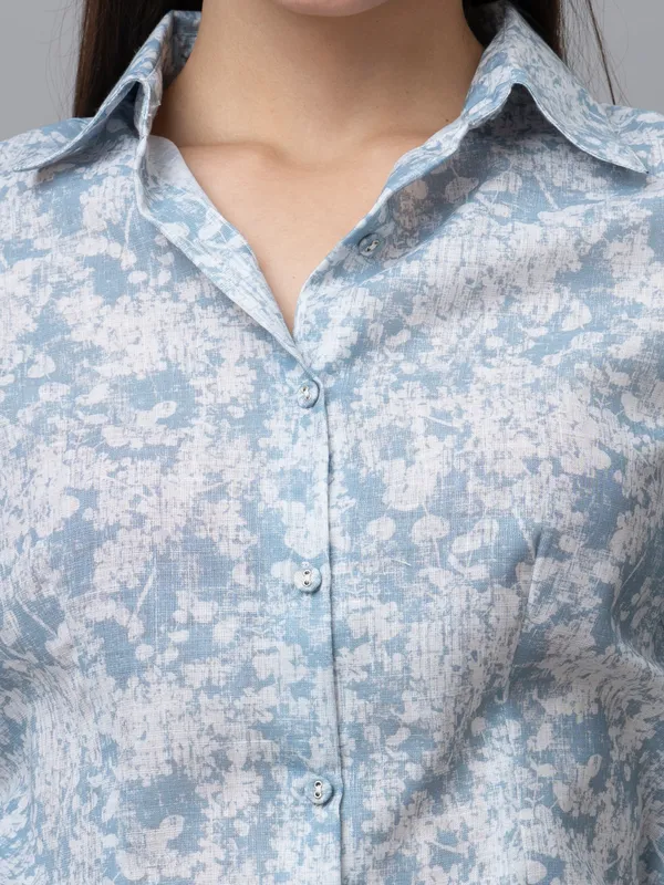 Blue_&_White_Linen_Blend_Floral_Print_Full_Sleeve_Spread_Collar_Hip_Length_Shirt_For_Women_&_Girls