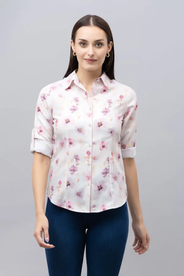 White_&_Purple_Linen_Blend_Floral_Print_Full_Sleeve_Hip_Length_Shirt_For_Women