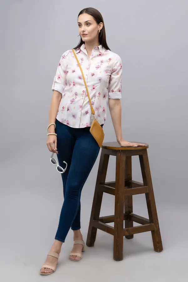 White_&_Purple_Linen_Blend_Floral_Print_Full_Sleeve_Hip_Length_Shirt_For_Women