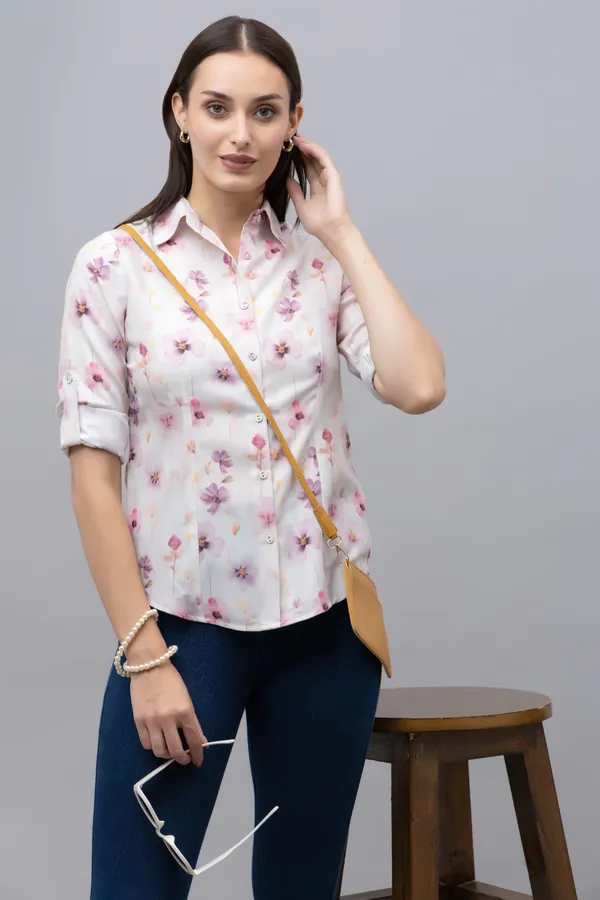 White_&_Purple_Linen_Blend_Floral_Print_Full_Sleeve_Hip_Length_Shirt_For_Women