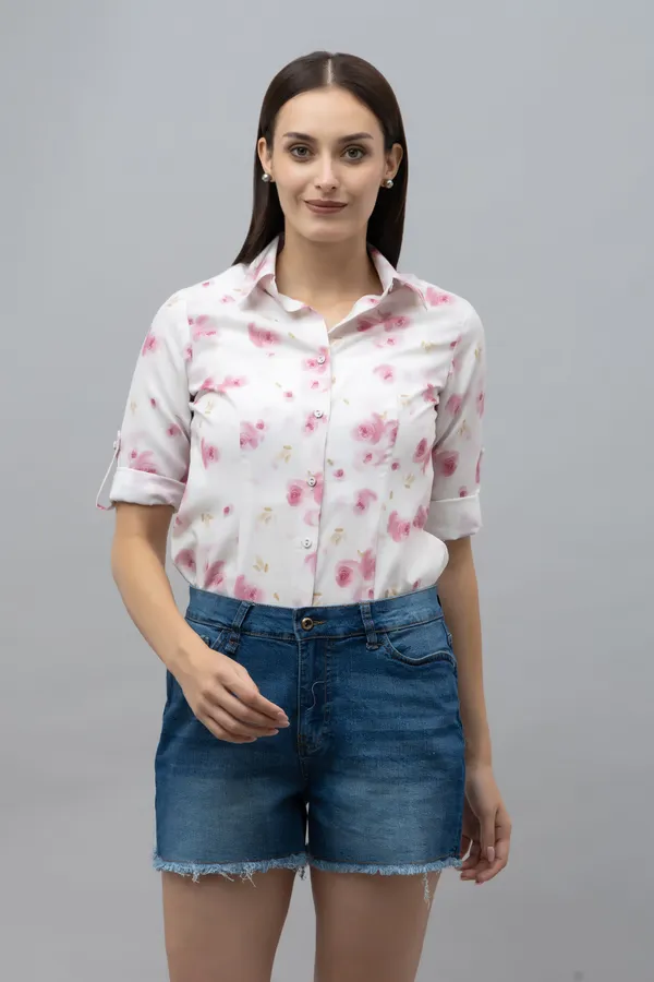 White_&_Pink_Linen_Blend_Floral_Print_Half_Sleeve_Hip_Length_Shirt_For_Women