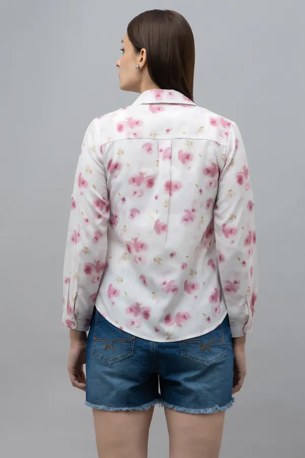 White_&_Pink_Linen_Blend_Floral_Print_Half_Sleeve_Hip_Length_Shirt_For_Women