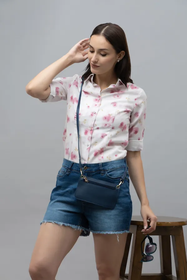 White_&_Pink_Linen_Blend_Floral_Print_Half_Sleeve_Hip_Length_Shirt_For_Women