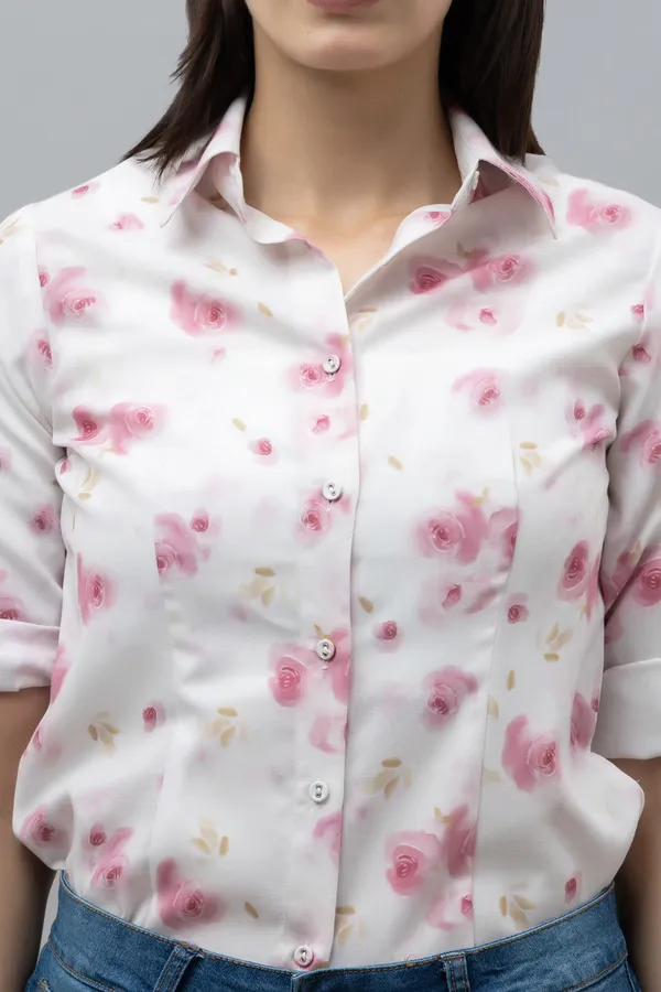 White_&_Pink_Linen_Blend_Floral_Print_Half_Sleeve_Hip_Length_Shirt_For_Women