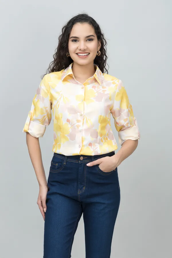 White_&_Yellow_Linen_Blend_Floral_Print_Full_Sleeve_Spread_Collar_Hip_Length_Shirt_For_Women_&_Girls