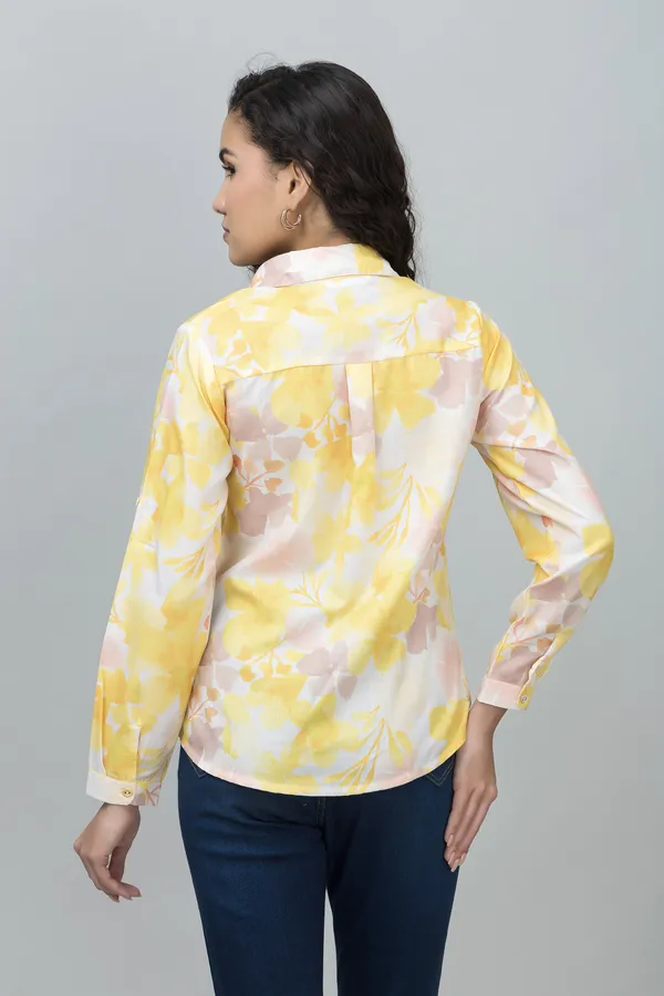 White_&_Yellow_Linen_Blend_Floral_Print_Full_Sleeve_Spread_Collar_Hip_Length_Shirt_For_Women_&_Girls