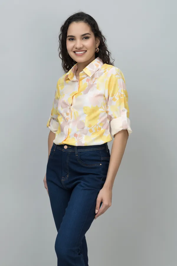 White_&_Yellow_Linen_Blend_Floral_Print_Full_Sleeve_Spread_Collar_Hip_Length_Shirt_For_Women_&_Girls