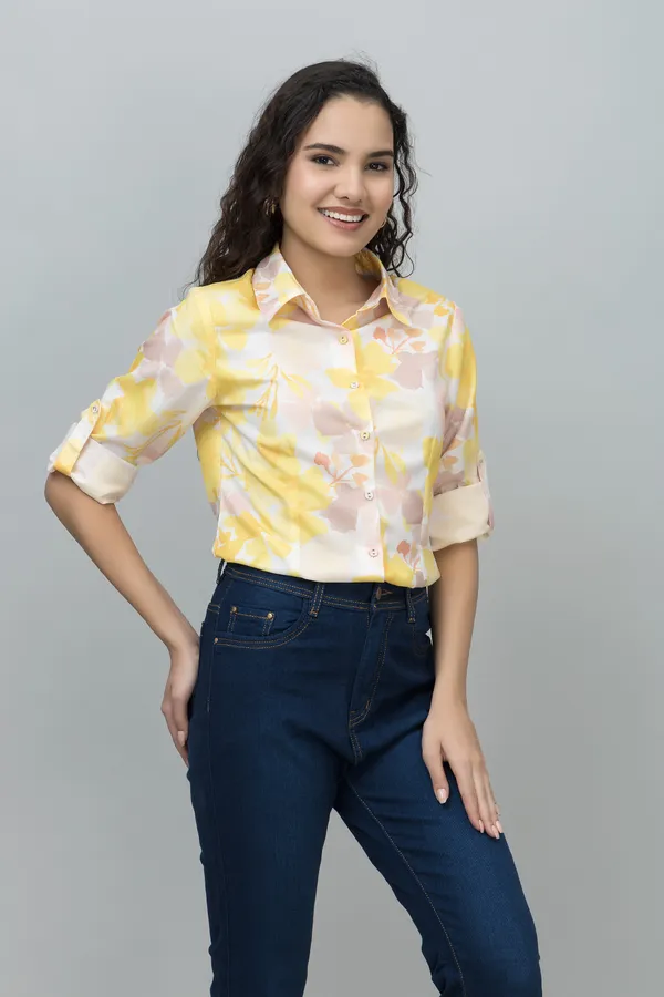 White_&_Yellow_Linen_Blend_Floral_Print_Full_Sleeve_Spread_Collar_Hip_Length_Shirt_For_Women_&_Girls