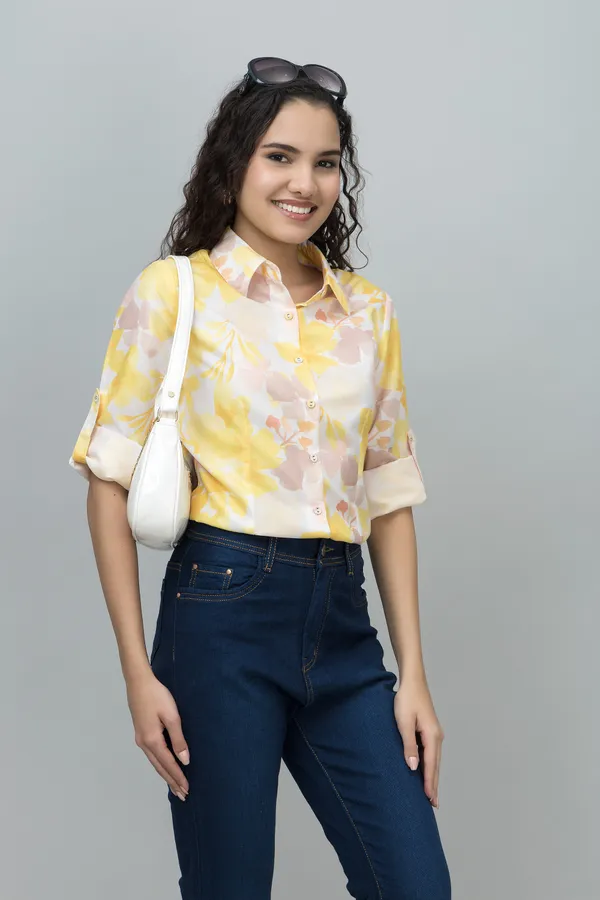 White_&_Yellow_Linen_Blend_Floral_Print_Full_Sleeve_Spread_Collar_Hip_Length_Shirt_For_Women_&_Girls