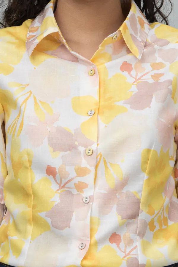 White_&_Yellow_Linen_Blend_Floral_Print_Full_Sleeve_Spread_Collar_Hip_Length_Shirt_For_Women_&_Girls
