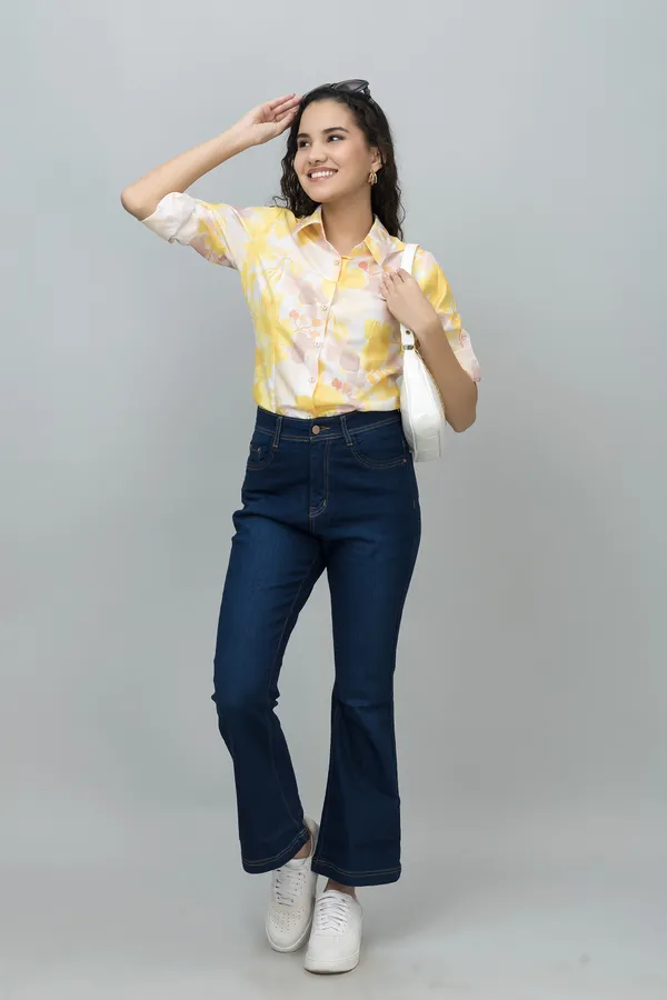 White_&_Yellow_Linen_Blend_Floral_Print_Full_Sleeve_Spread_Collar_Hip_Length_Shirt_For_Women_&_Girls