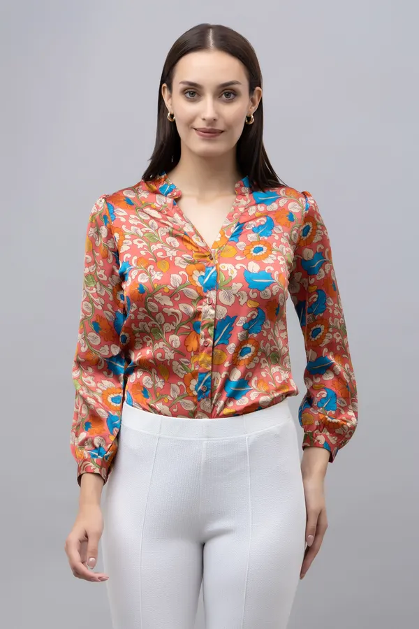 Red,_Yellow_&_White_Satin_Floral_Print_Full_Sleeve_Mandarin_Collar_Hip_Length_Shirt_For_Women_&_Girls