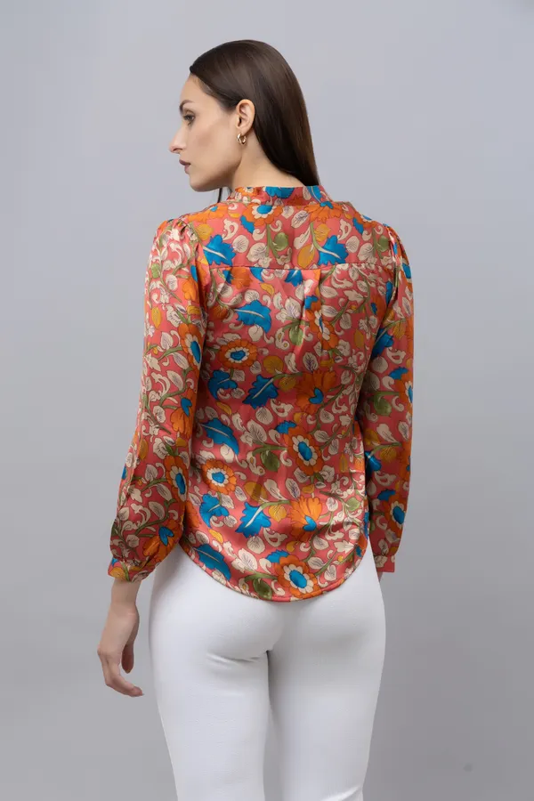 Red,_Yellow_&_White_Satin_Floral_Print_Full_Sleeve_Mandarin_Collar_Hip_Length_Shirt_For_Women_&_Girls