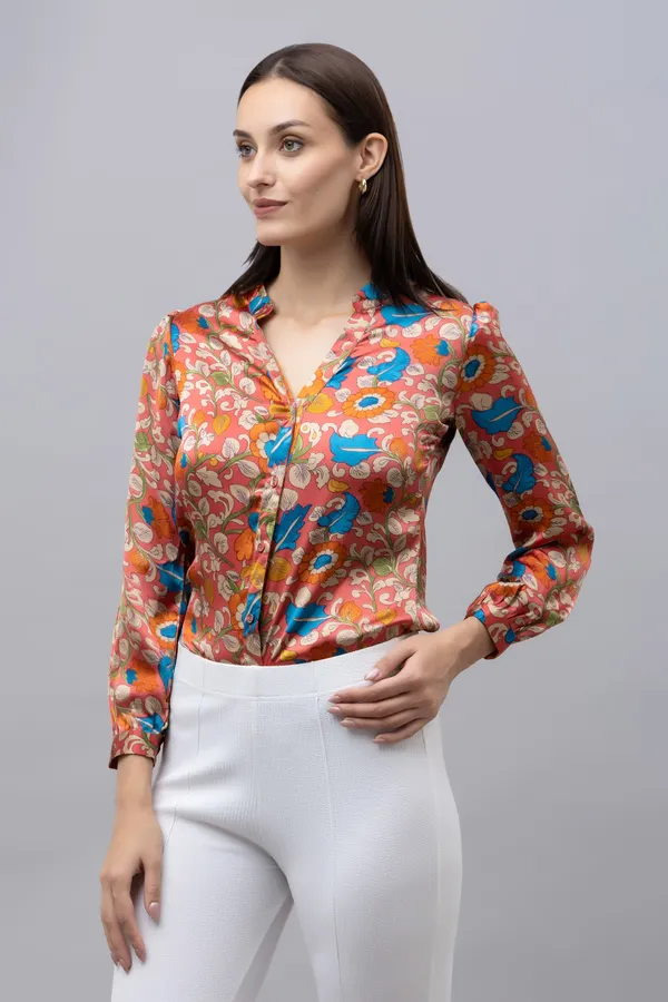 Red,_Yellow_&_White_Satin_Floral_Print_Full_Sleeve_Mandarin_Collar_Hip_Length_Shirt_For_Women_&_Girls