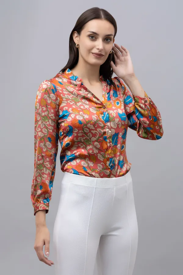 Red,_Yellow_&_White_Satin_Floral_Print_Full_Sleeve_Mandarin_Collar_Hip_Length_Shirt_For_Women_&_Girls