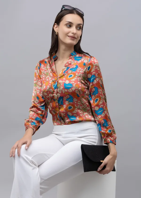 Red,_Yellow_&_White_Satin_Floral_Print_Full_Sleeve_Mandarin_Collar_Hip_Length_Shirt_For_Women_&_Girls