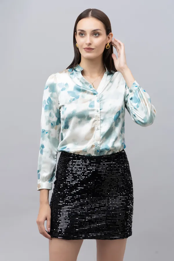 Green_&_White_Satin_Floral_Print_Full_Sleeve_Mandarin_Collar_Hip_Length_Shirt_For_Women_&_Girls