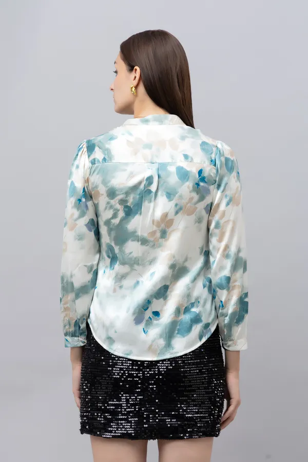 Green_&_White_Satin_Floral_Print_Full_Sleeve_Mandarin_Collar_Hip_Length_Shirt_For_Women_&_Girls