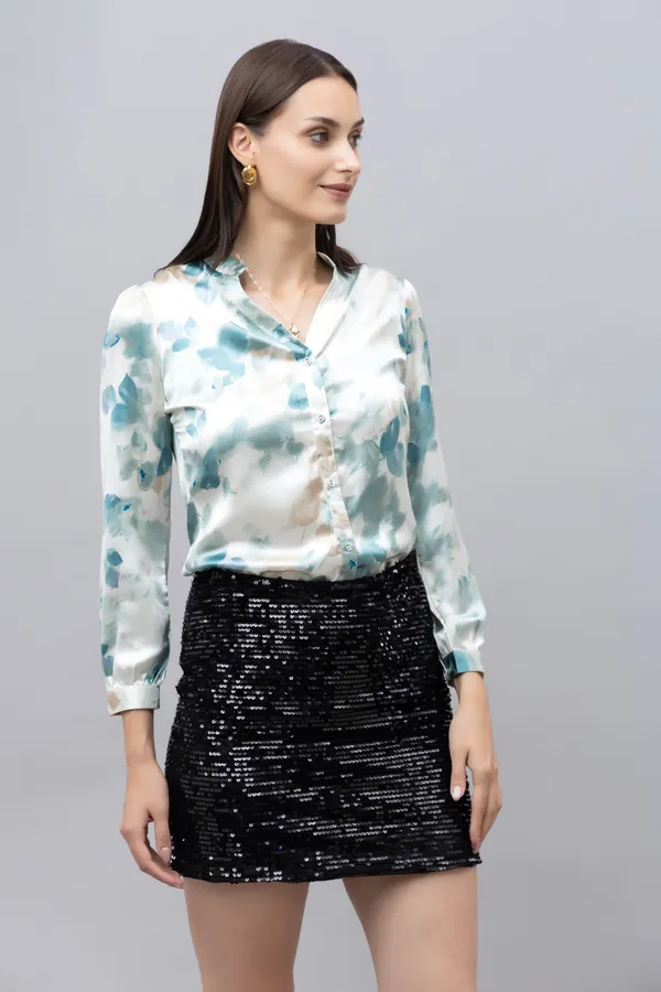 Green_&_White_Satin_Floral_Print_Full_Sleeve_Mandarin_Collar_Hip_Length_Shirt_For_Women_&_Girls