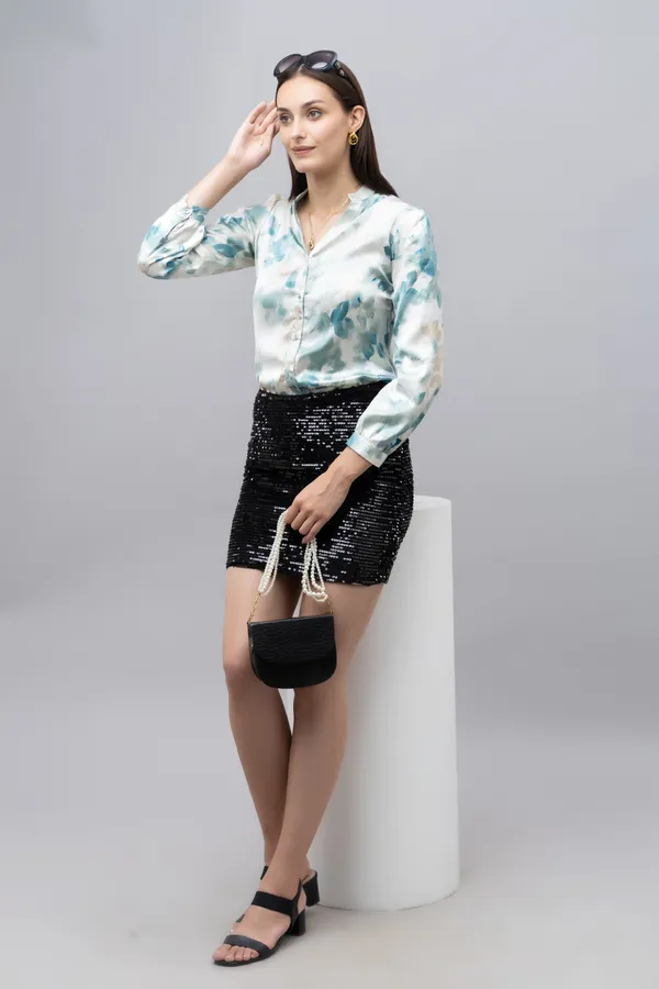 Green_&_White_Satin_Floral_Print_Full_Sleeve_Mandarin_Collar_Hip_Length_Shirt_For_Women_&_Girls