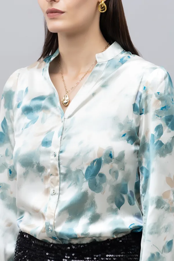 Green_&_White_Satin_Floral_Print_Full_Sleeve_Mandarin_Collar_Hip_Length_Shirt_For_Women_&_Girls