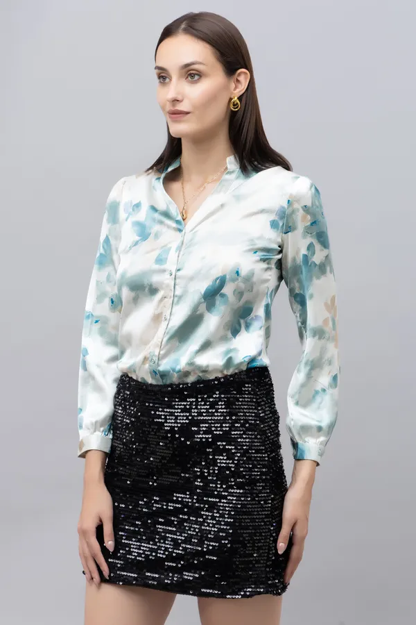 Green_&_White_Satin_Floral_Print_Full_Sleeve_Mandarin_Collar_Hip_Length_Shirt_For_Women_&_Girls