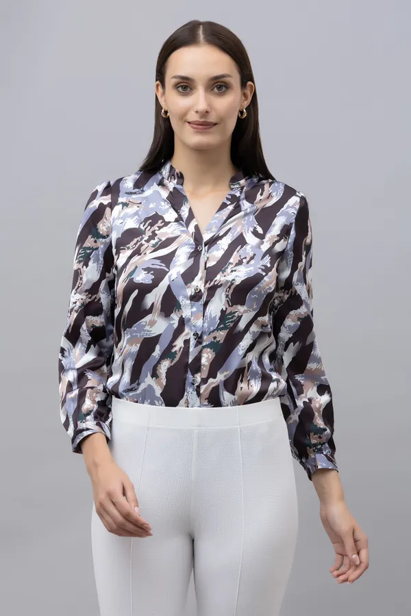 White_&_Black_Satin_Abstract_Full_Sleeve_Mandarin_Collar_Hip_Length_Shirt_For_Women_&_Girls