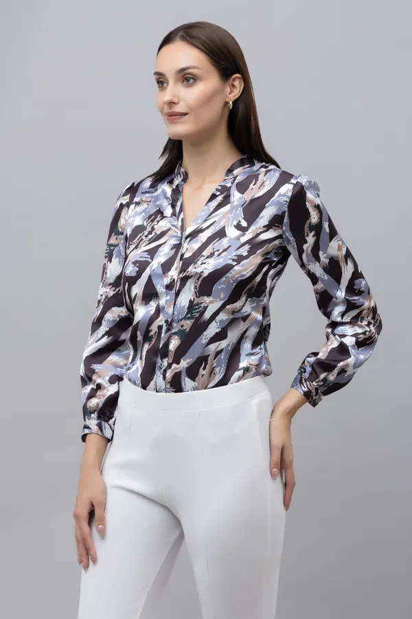 White_&_Black_Satin_Abstract_Full_Sleeve_Mandarin_Collar_Hip_Length_Shirt_For_Women_&_Girls