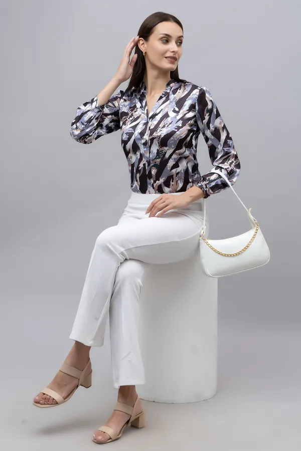 White_&_Black_Satin_Abstract_Full_Sleeve_Mandarin_Collar_Hip_Length_Shirt_For_Women_&_Girls
