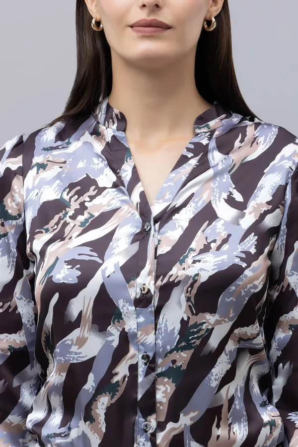 White_&_Black_Satin_Abstract_Full_Sleeve_Mandarin_Collar_Hip_Length_Shirt_For_Women_&_Girls