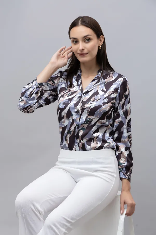White_&_Black_Satin_Abstract_Full_Sleeve_Mandarin_Collar_Hip_Length_Shirt_For_Women_&_Girls