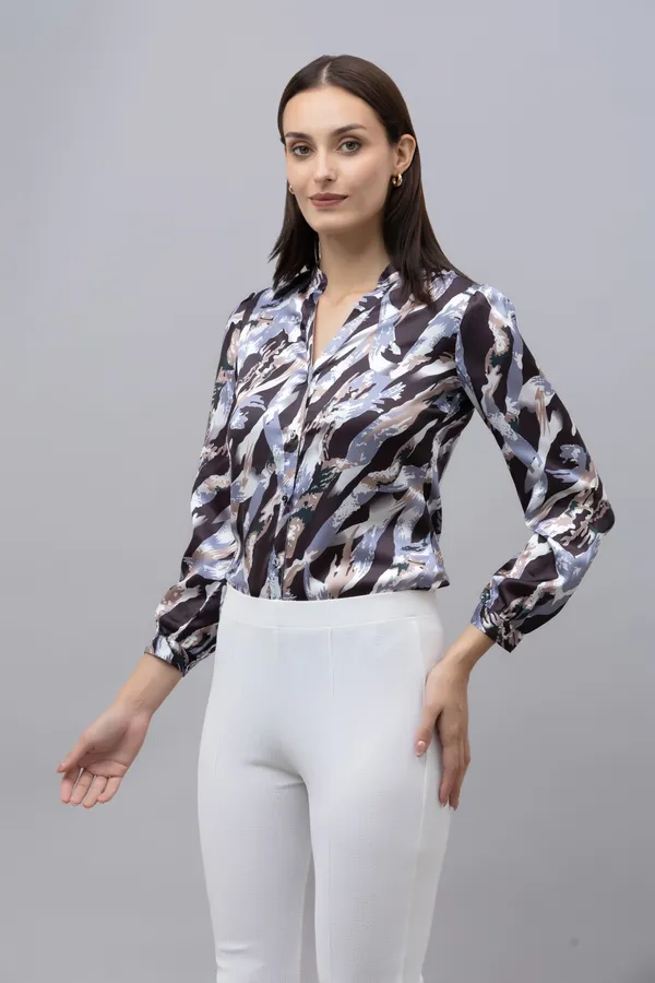 White_&_Black_Satin_Abstract_Full_Sleeve_Mandarin_Collar_Hip_Length_Shirt_For_Women_&_Girls