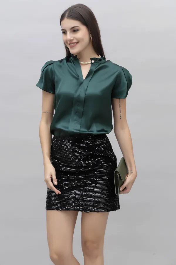 Green_Satin_Solid_Half_Sleeve_Mandarin_Collar_Hip_Length_Top_For_Women_&_Girls
