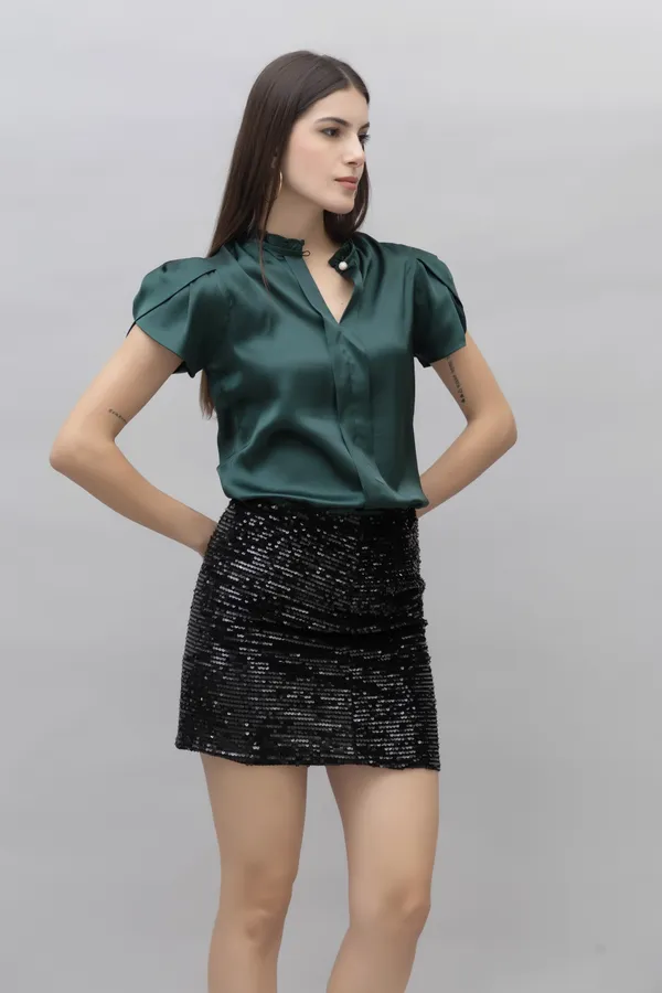 Green_Satin_Solid_Half_Sleeve_Mandarin_Collar_Hip_Length_Top_For_Women_&_Girls