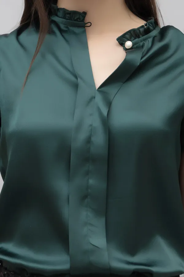 Green_Satin_Solid_Half_Sleeve_Mandarin_Collar_Hip_Length_Top_For_Women_&_Girls