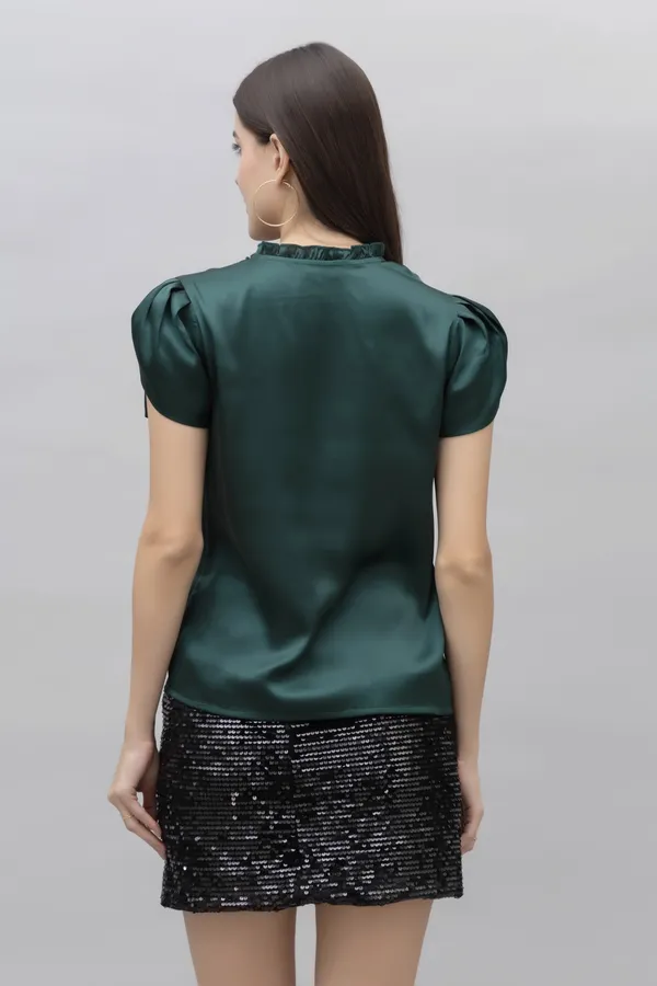 Green_Satin_Solid_Half_Sleeve_Mandarin_Collar_Hip_Length_Top_For_Women_&_Girls