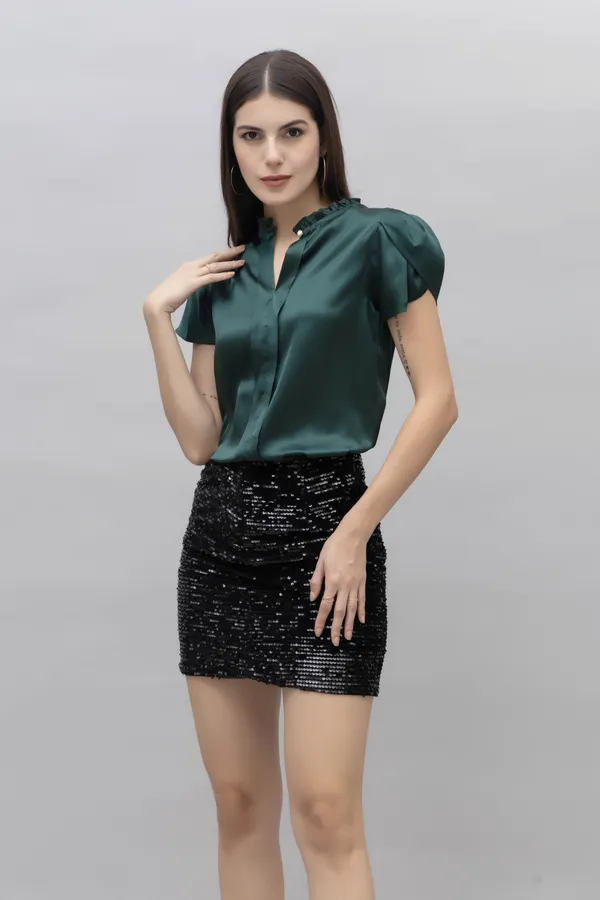 Green_Satin_Solid_Half_Sleeve_Mandarin_Collar_Hip_Length_Top_For_Women_&_Girls