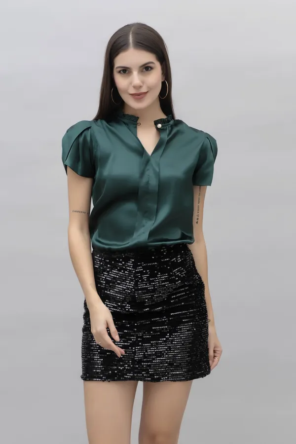 Green_Satin_Solid_Half_Sleeve_Mandarin_Collar_Hip_Length_Top_For_Women_&_Girls