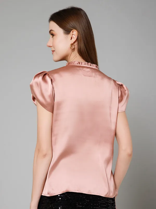Pink_Satin_Solid_Half_Sleeve_Mandarin_Collar_Hip_Length_Top_For_Women_&_Girls