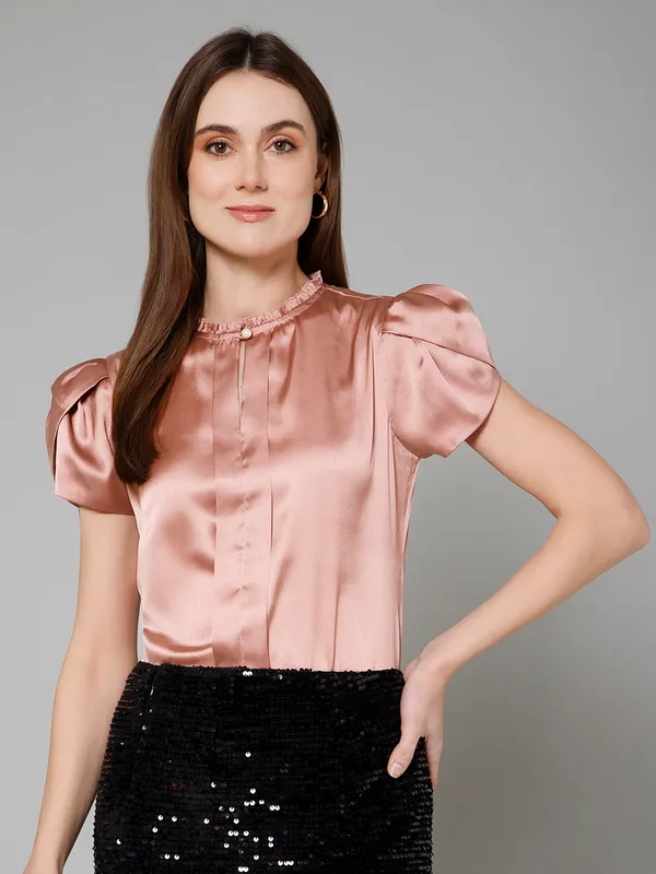 Pink_Satin_Solid_Half_Sleeve_Mandarin_Collar_Hip_Length_Top_For_Women_&_Girls