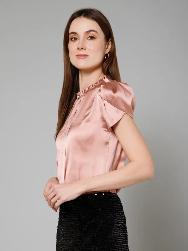 Pink_Satin_Solid_Half_Sleeve_Mandarin_Collar_Hip_Length_Top_For_Women_&_Girls