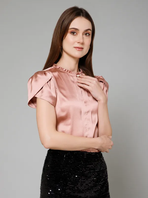 Pink_Satin_Solid_Half_Sleeve_Mandarin_Collar_Hip_Length_Top_For_Women_&_Girls
