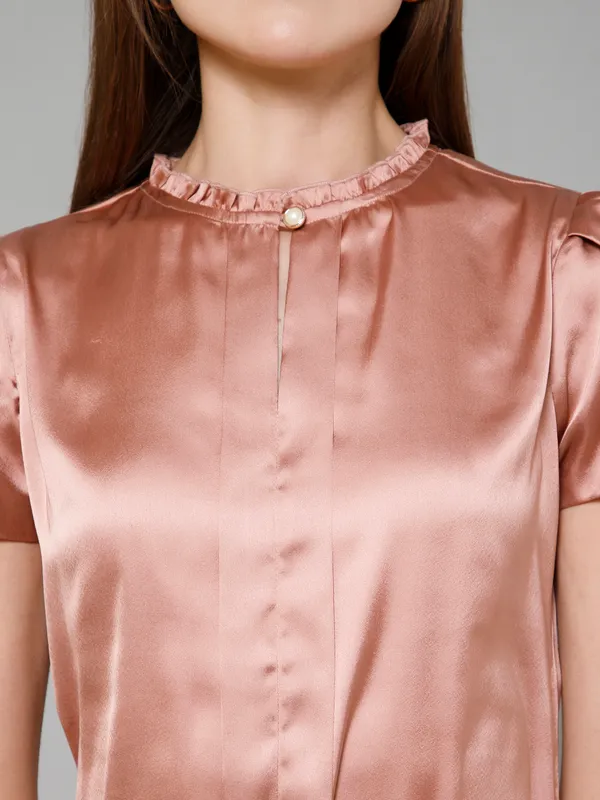 Pink_Satin_Solid_Half_Sleeve_Mandarin_Collar_Hip_Length_Top_For_Women_&_Girls
