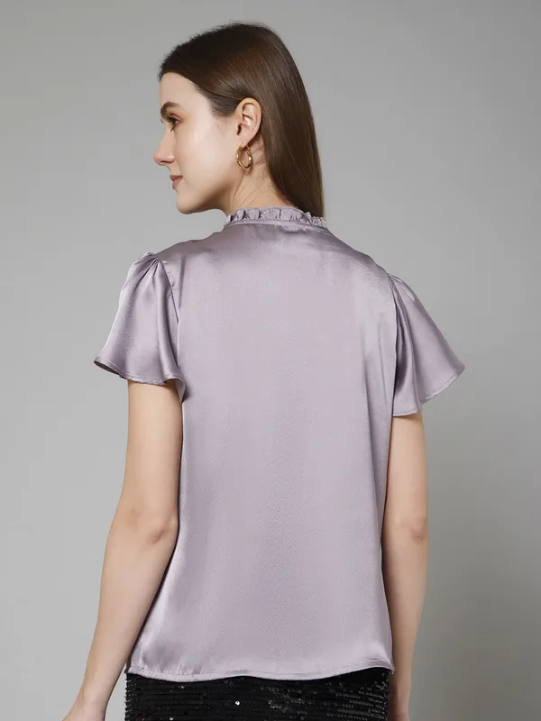 Purple_Satin_Tie-Up_Solid_Flared_Sleeves_Hip_Length_Blouson_Top_For_Women