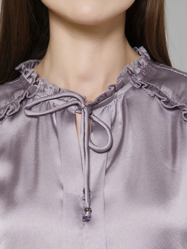 Purple_Satin_Tie-Up_Solid_Flared_Sleeves_Hip_Length_Blouson_Top_For_Women