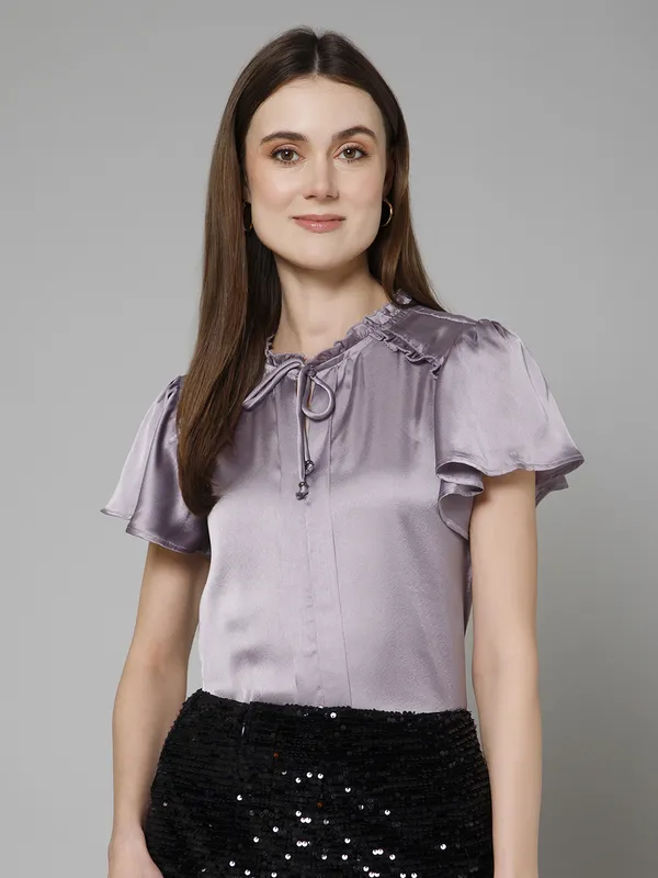 Purple_Satin_Tie-Up_Solid_Flared_Sleeves_Hip_Length_Blouson_Top_For_Women