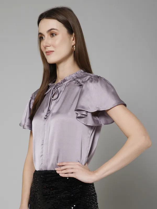 Purple_Satin_Tie-Up_Solid_Flared_Sleeves_Hip_Length_Blouson_Top_For_Women