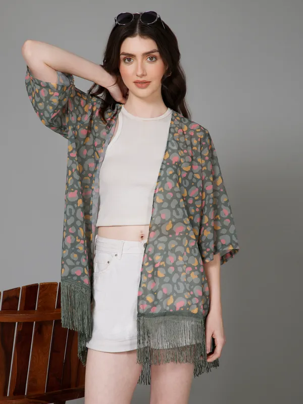 Green_Georgette_Floral_Print_3/4Th_Sleeve_Thigh_Length_Kimono_Style_Shrug_For_Women_&_Girls
