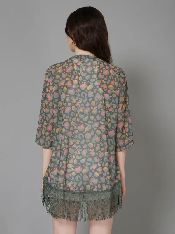 Green_Georgette_Floral_Print_3/4Th_Sleeve_Thigh_Length_Kimono_Style_Shrug_For_Women_&_Girls